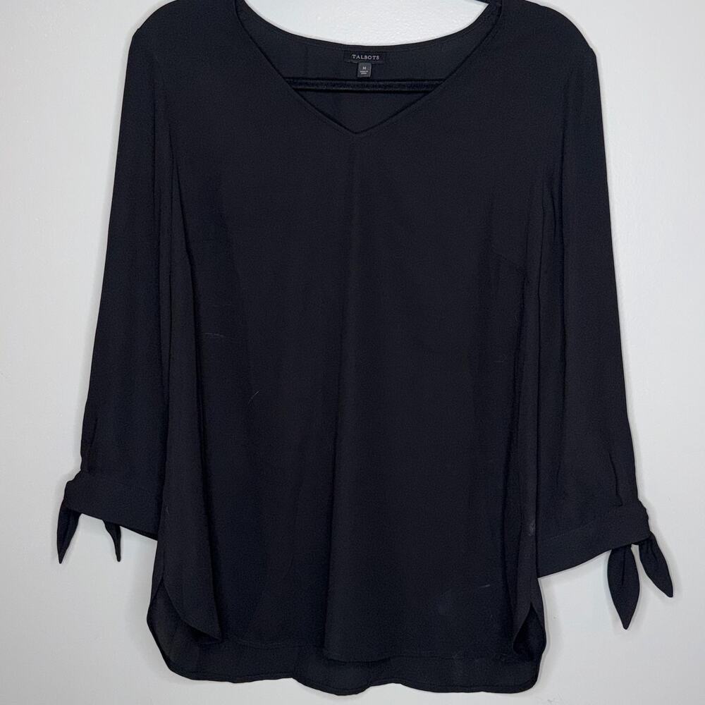 Talbots Womens Size Medium Black Tie 3/4 Sleeve V-Neck Tunic Blouse